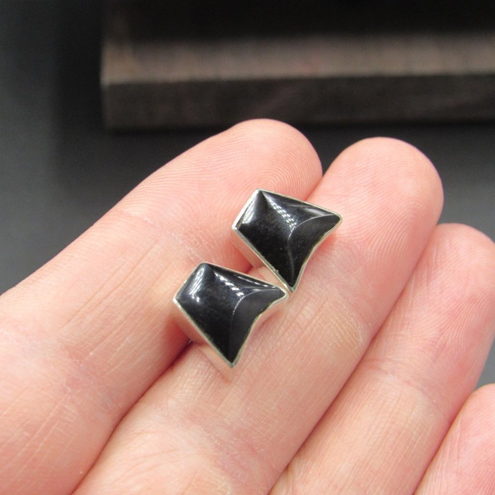 Sterling Silver Odd Shape Black Material Earrings - image 2